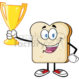 royalty free rf clipart illustration happy bread slice cartoon mascot character holding up a trophy vector illustration isolated on white