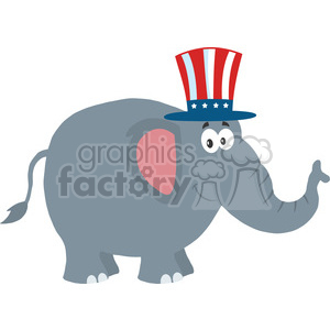 Clipart image of a cartoon elephant wearing a red, white, and blue Uncle Sam hat.