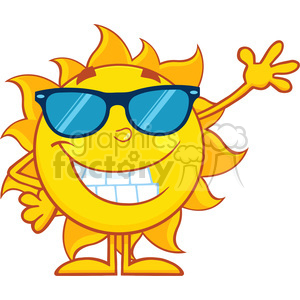 10109 smiling sun cartoon mascot character with sunglasses waving for greeting vector illustration isolated on white background