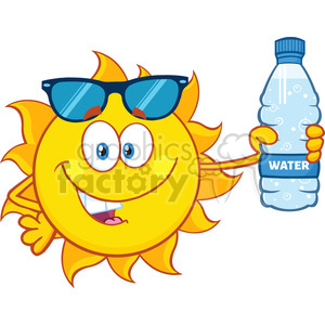 cute sun cartoon mascot character with sunglasses holding a water bottle with text vector illustration isolated on white background