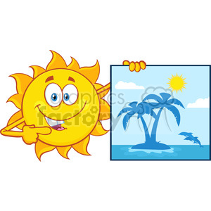 talking sun cartoon mascot character pointing to a poster sign with tropical island vector illustration isolated on white background