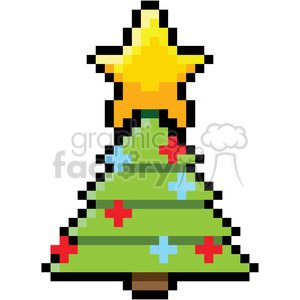 8-bit pixel art Christmas tree with a star on top and colorful decorations.