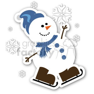 A cheerful snowman wearing a blue hat and scarf, ice skating with snowflakes around.