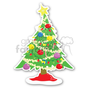 A festive clipart image of a decorated Christmas tree with ornaments, lights, and a star on top.