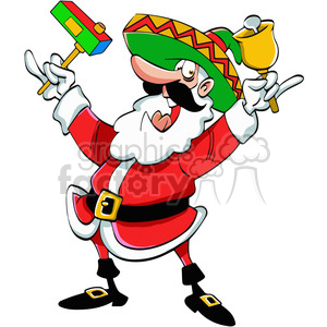 Cartoon image of Santa Claus wearing a sombrero, holding a colorful hammer and a bell.