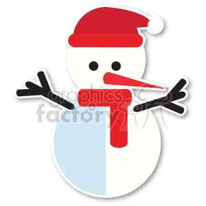 Flat design clipart image of a cheerful snowman wearing a red hat and scarf, with twig arms, set against a winter theme.