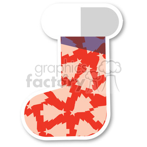 Clipart image of a Christmas stocking with a flat design, featuring a pattern of Christmas trees in red and beige.