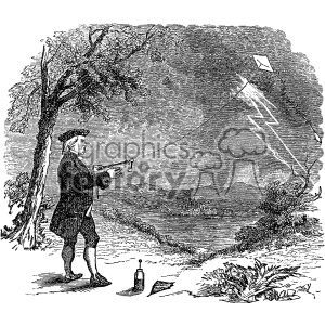 An antique clipart illustration depicts a historical scene where a person is conducting a kite experiment during a thunderstorm. The kite is struck by lightning, indicating an experiment related to electricity.