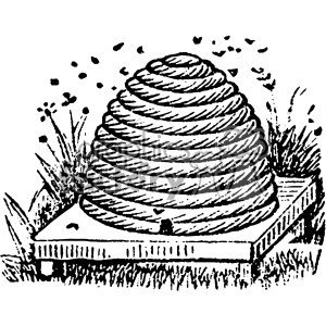 Vintage clipart image of a beehive surrounded by grass with bees flying around it.