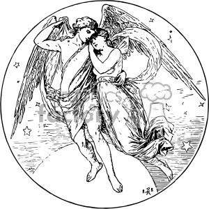 A black and white clipart image featuring two angels with wings embracing each other, set against a celestial background with stars.