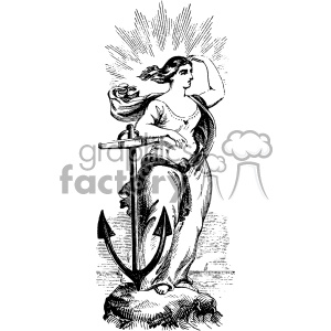 A vintage clipart of a woman personifying hope, depicted standing with an anchor and rays emanating from her head, symbolizing stability and optimism.