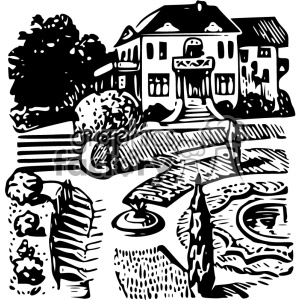 A black and white clipart image depicting a large house with a beautifully landscaped garden in front. The garden features a circular fountain, neatly trimmed bushes, trees, and pathways.