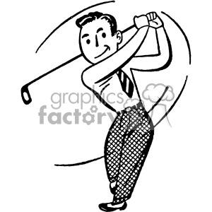 A black and white clipart image of a person in a retro-style outfit swinging a golf club.