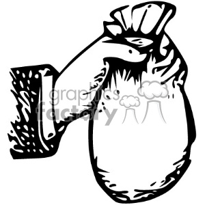 The clipart image depicts a vintage-style illustration of a hand holding a bag filled with coins, likely representing a large sum of money. The image is black and white, giving it a retro or old-fashioned feel.