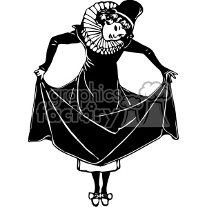 Silhouette of a woman in a Victorian-style dress, holding the edges of her skirt outwards. She is wearing a ruffled collar and a bonnet-style hat.