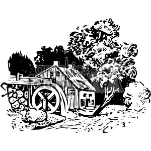 A black and white clipart illustration of a scenic watermill nestled amongst trees and foliage.