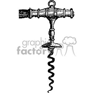 A vintage clipart image of a corkscrew with a T-shaped handle and a spiral metal rod used for opening wine bottles.