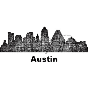 Clipart image showcasing a densely sketched black and white silhouette of the Austin skyline, with the word 'Austin' written below.