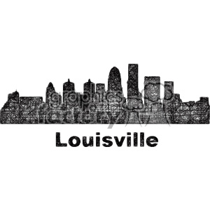 A sketch-style clipart representation of the city skyline of Louisville, featuring a scribbled black outline of various buildings against a white background, with 'Louisville' written below in bold letters.