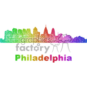 This is a colorful, scribble-style clipart image representing the skyline of Philadelphia. The illustration is composed in a rainbow spectrum with the name Philadelphia written in a matching rainbow colored font below the skyline.