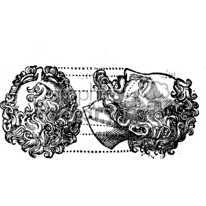 Clipart image featuring a black and white engraving of two heads with curly hair, positioned in different orientations. One head is upright, and the other is inverted, showcasing intricate and detailed linework.