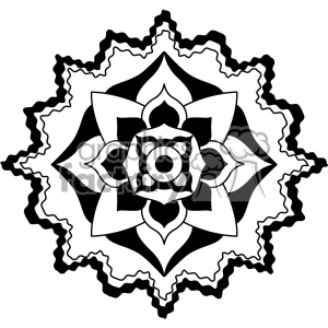 A black-and-white mandala design featuring intricate geometric patterns and floral elements with wavy outer edges.