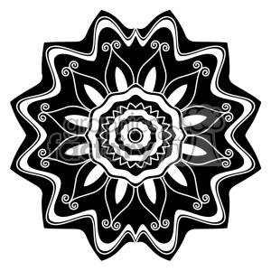 This clipart image features an intricate black and white mandala pattern. The design is highly detailed with geometric shapes and symmetrical elements radiating from the center.