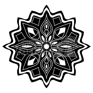 This clipart image features a black and white intricate mandala design with symmetrical floral and geometric patterns. The mandala includes elements such as petal-like shapes, diamond shapes, and a central flower motif.