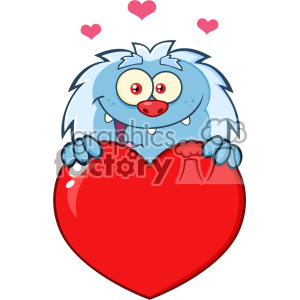 A cute blue cartoon yeti holding a large red heart with pink hearts above its head.