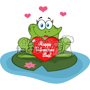 A cute frog sitting on a lily pad in a swamp, holding a red heart with the text 'Happy Valentine's Day!' surrounded by pink hearts.