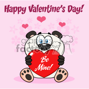 A cute cartoon bear holding a red heart with the text 'Be Mine!' surrounded by pink flowers and hearts, with 'Happy Valentine's Day!' written at the top.