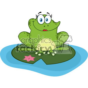 A cute frog with a loving expression sits on a lily pad in a swamp, featuring a heart shape on the lily pad and a small flower decoration.