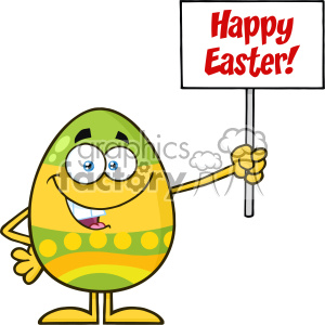 10954 Royalty Free RF Clipart Colored Easter Egg Cartoon Mascot Character Holding A Blank Sign Vector With Text Happy Easter