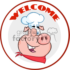 10732 Royalty Free RF Clipart Winking Chef Pig Cartoon Mascot Character Circle Banner With Text Welcome Vector Illustration