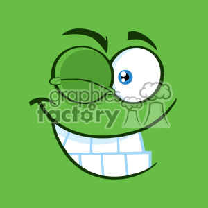 A green, comical face with one eye winking and a wide, happy smile.