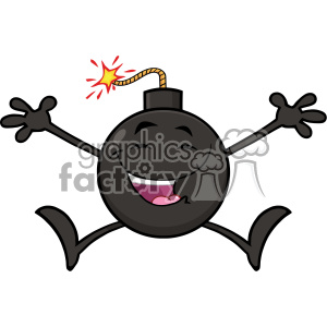 A cartoon bomb with a happy face and limbs, jumping with excitement. The bomb has a lit fuse with a bright spark at the end.