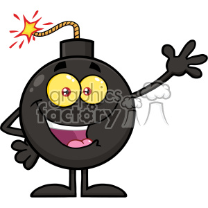 A cartoon bomb clipart image with a smiling face and bright yellow eyes, waving with one hand while having a lit fuse.