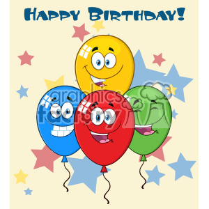   4 different colored balloons in red, green, yellow and blue. They have happy expressions. There is the words "happy birthday" at the top of the image 