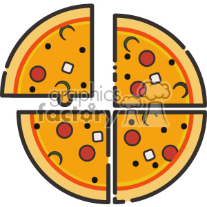 A clipart image of a whole pizza divided into four slices, with toppings including pepperoni, olives, and cheese.