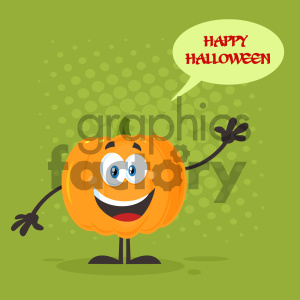 Happy Orange Pumpkin Vegetables Cartoon Emoji Character Waving For Greeting Vector Illustration Flat Design Style With Background Speech Bubble And Text Happy Halloween