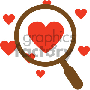 A magnifying glass focusing on a red heart surrounded by smaller red hearts, symbolizing love and search for relationships.