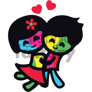   The clipart image depicts two stylized, cartoon-like characters in a dance pose. Both characters have colorful facial features, with the left character