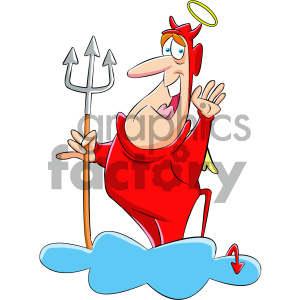 Cartoon devil character in red with horns and a halo, holding a trident and standing on a cloud.