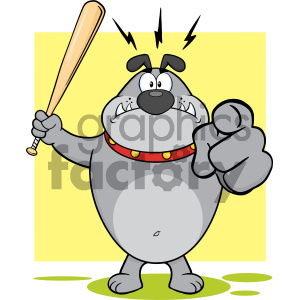 The image is a cartoon depiction of an anthropomorphic bulldog standing on two legs. The dog appears to be angry or threatening, shown by its gritted teeth and intense eyes. The bulldog is holding a wooden baseball bat in one hand and is pointing directly forward with the other hand, as if indicating a warning or challenge. It’s wearing a red collar with gold-colored studs. The background is split with the top half being yellow and the bottom half, where the dog stands, is green. There are also three lightning-like lines above the dog's head to emphasize its aggressive mood.