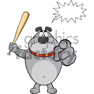 The clipart image features a cartoon of a bulldog standing upright, appearing angry or threatening. The bulldog is holding a baseball bat in one hand and pointing forward with the other, as if issuing a warning or a threat. The dog is wearing a collar, and there is a speech bubble-like explosion shape next to its head, which can be used to add text. The overall vibe is that of a cartoonish gangster or thug character.