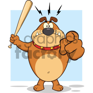 The image depicts a cartoon of an anthropomorphic bulldog with an angry expression standing upright. The bulldog is holding a baseball bat in one hand and pointing with the other hand, as if threatening someone. The character is wearing a studded collar and there are angry lightning bolts above its head.