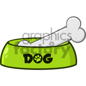 A green dog bowl with the word 'DOG' and a paw print, containing a large white bone.