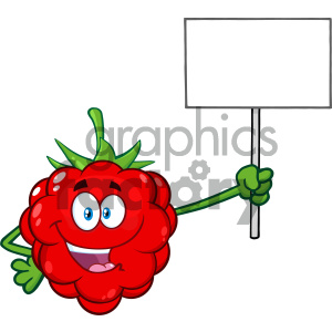 Royalty Free RF Clipart Illustration Red Raspberry Fruit Cartoon Mascot Character Holding A Blank Sign Vector Illustration Isolated On White Background