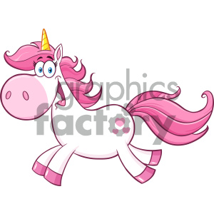 This clipart image features a whimsical, cartoon-style unicorn. The unicorn has a white body with pink hooves and a golden horn. It features a playful expression with large, friendly eyes and a pink mane and tail that wave dynamically. Additionally, there are small pink hearts depicted on the unicorn's hindquarters.