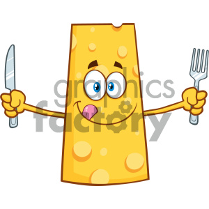 Hungry Cheese Cartoon Mascot Character Holding A Knife and Fork Vector Illustration Isolated On White Background